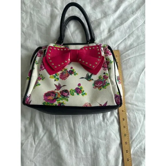 Betsey Johnson Pink Super Bow Hummbingbird Floral Satchel Floral Girly - Picture 4 of 8